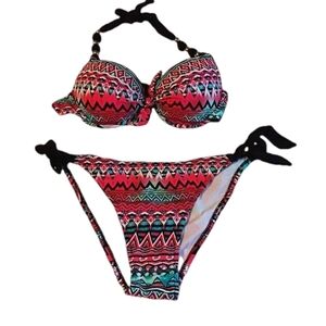 EONAR Women's Tribal Print Bikini Push up Removable Padded Bikini Top Tie Bottom